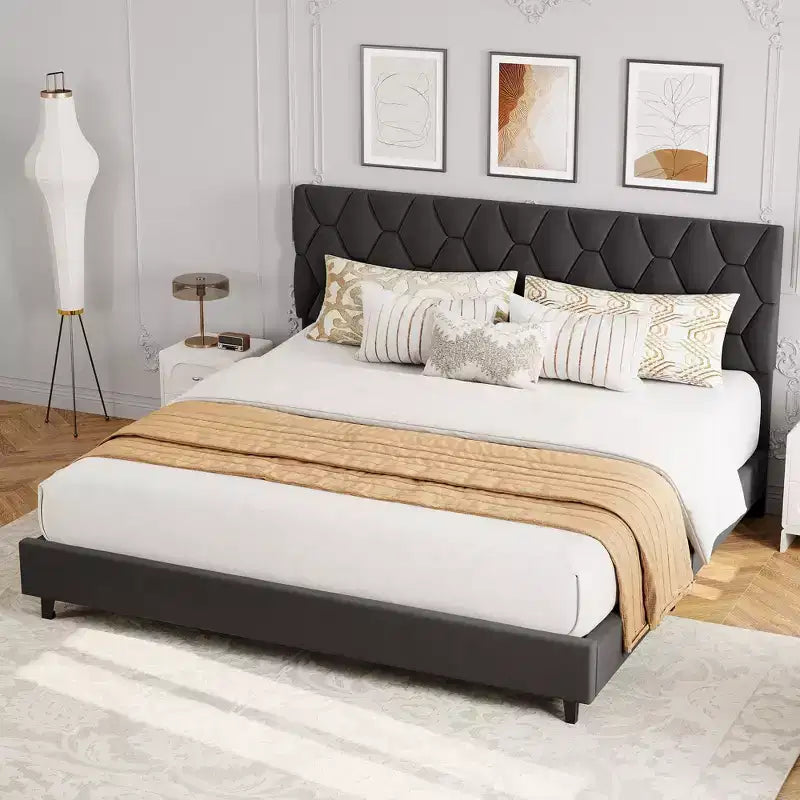 Upholstered Platform Bed  Adjustable Headboard, Wooden Slats, No Box Spring Needed, Choose Size & Color