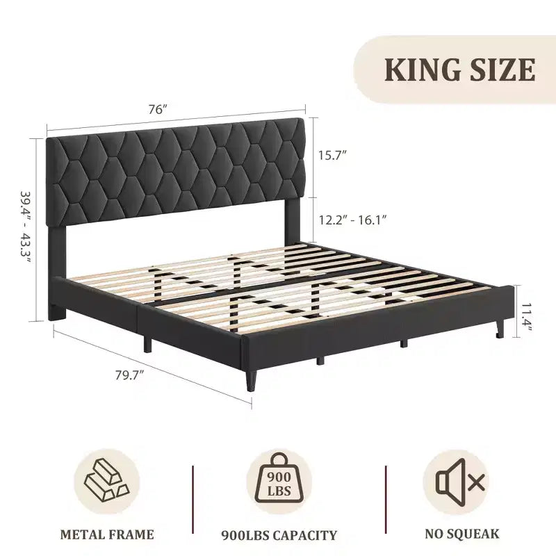 Upholstered Platform Bed  Adjustable Headboard, Wooden Slats, No Box Spring Needed, Choose Size & Color