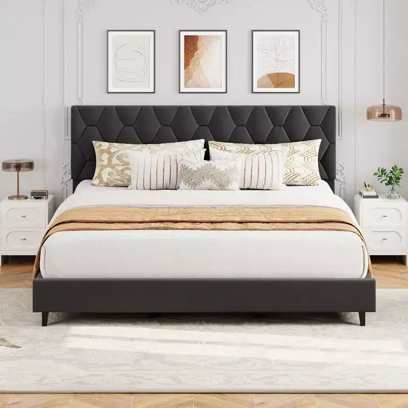 Upholstered Platform Bed  Adjustable Headboard, Wooden Slats, No Box Spring Needed, Choose Size & Color