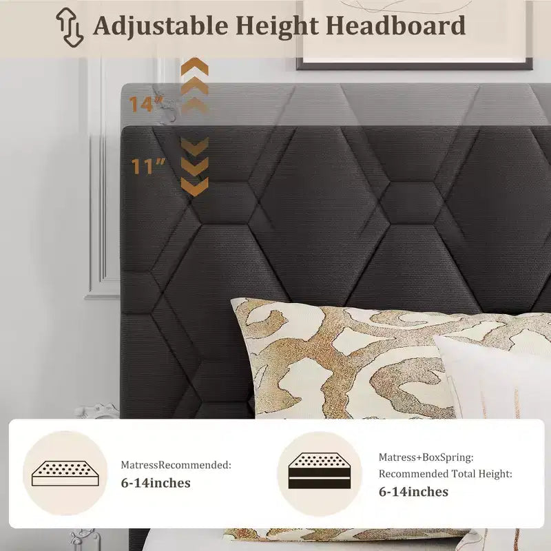 Upholstered Platform Bed  Adjustable Headboard, Wooden Slats, No Box Spring Needed, Choose Size & Color