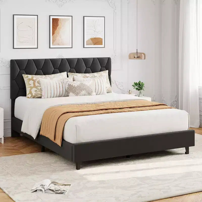 Upholstered Platform Bed  Adjustable Headboard, Wooden Slats, No Box Spring Needed, Choose Size & Color
