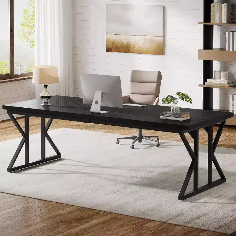 Lantine 78.74-Inch Large Executive Desk, Industrial Home Office Computer Desk, Simple Long Writing Study Table Business Furniture (Black)