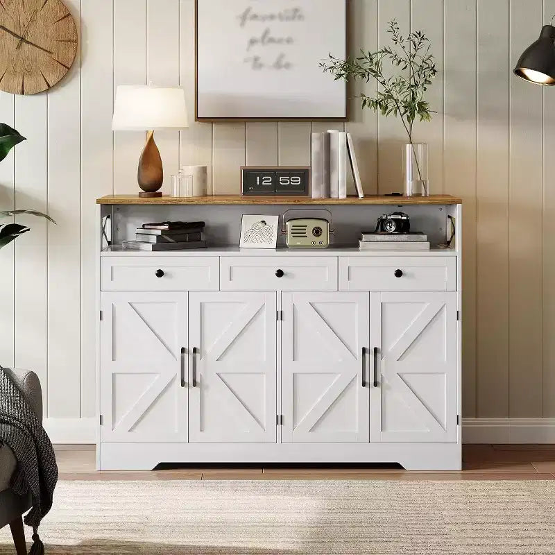 51in Farmhouse Buffet Cabinet with Charging Station, 3 Drawers & 4 Barn Doors Kitchen Storage for Dining Room Living Room, White