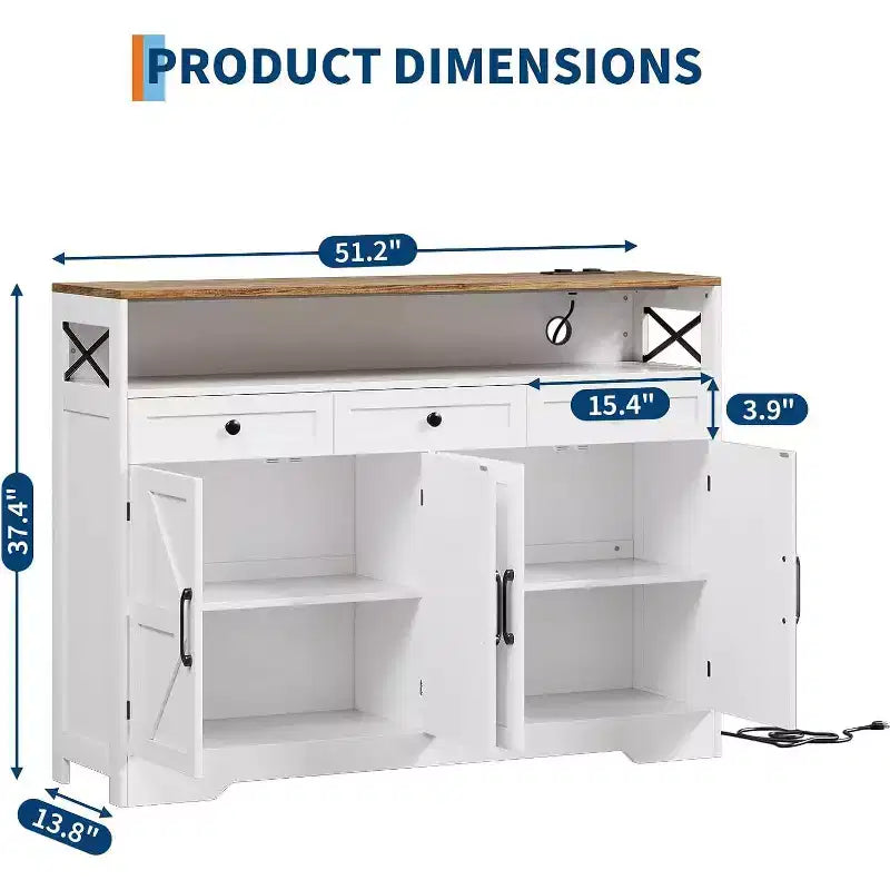 51in Farmhouse Buffet Cabinet with Charging Station, 3 Drawers & 4 Barn Doors Kitchen Storage for Dining Room Living Room, White