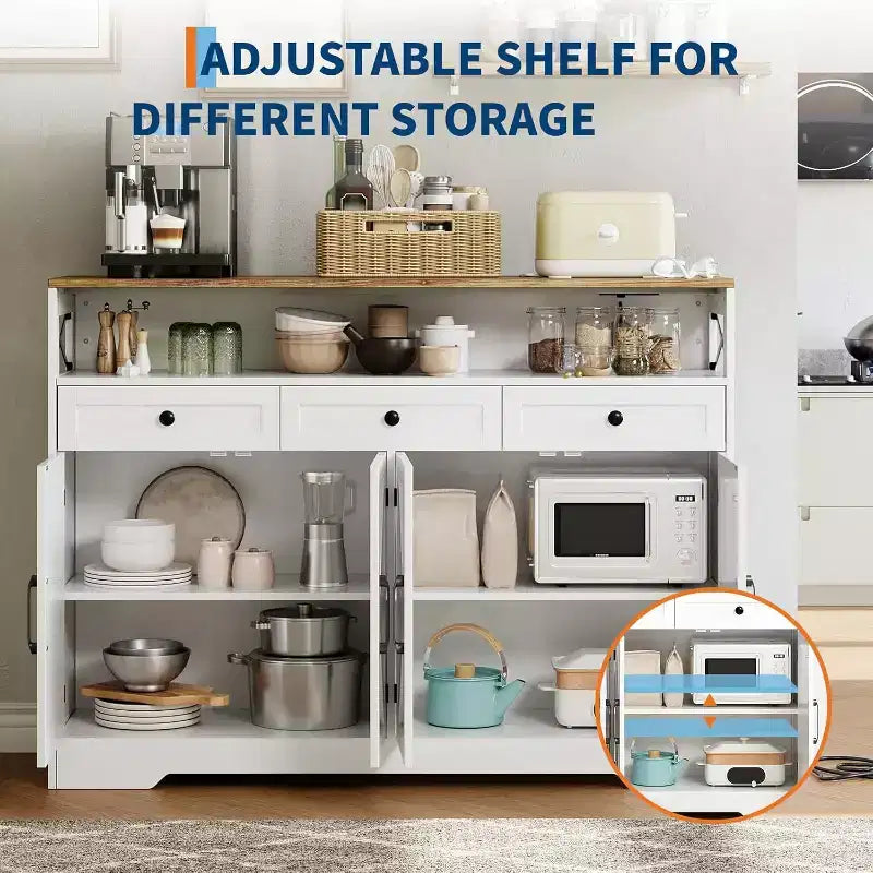 51in Farmhouse Buffet Cabinet with Charging Station, 3 Drawers & 4 Barn Doors Kitchen Storage for Dining Room Living Room, White