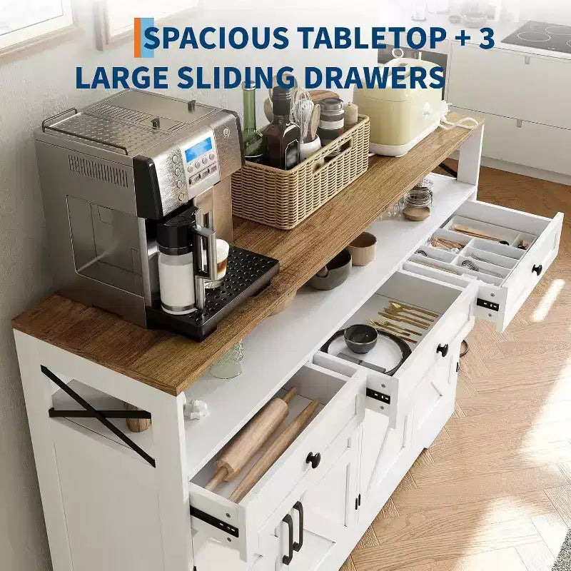 51in Farmhouse Buffet Cabinet with Charging Station, 3 Drawers & 4 Barn Doors Kitchen Storage for Dining Room Living Room, White