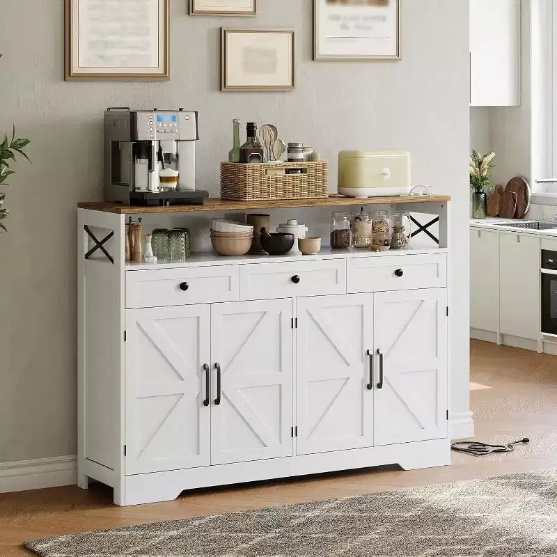 51in Farmhouse Buffet Cabinet with Charging Station, 3 Drawers & 4 Barn Doors Kitchen Storage for Dining Room Living Room, White