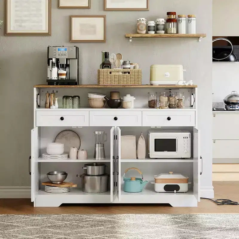 51in Farmhouse Buffet Cabinet with Charging Station, 3 Drawers & 4 Barn Doors Kitchen Storage for Dining Room Living Room, White