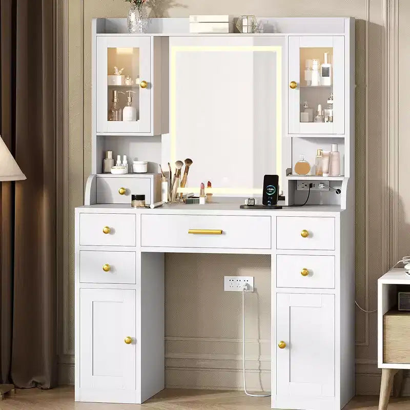 Vanity Desk with LED Mirror and Lights, Makeup Dressing Table with 2 RGB Cabinets, Outlets & 6 Drawers for Bedroom Living Room, White