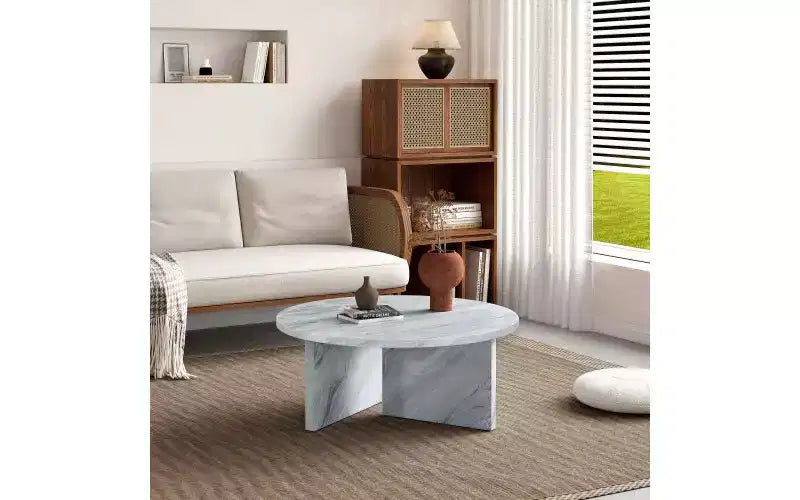Modern Round Coffee Table, Faux Marble Top with Minimalist Nordic Design, Versatile for Living Room, Home Office, or Bedroom - White