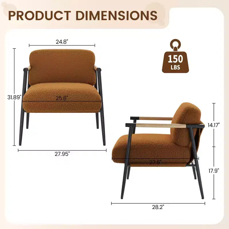 Comfy Chair, Modern Accent Chair with Metal Frame, Cozy Reading Chair with Soft Cushion & Wood Armrest for Bedroom, Living Room, Brown