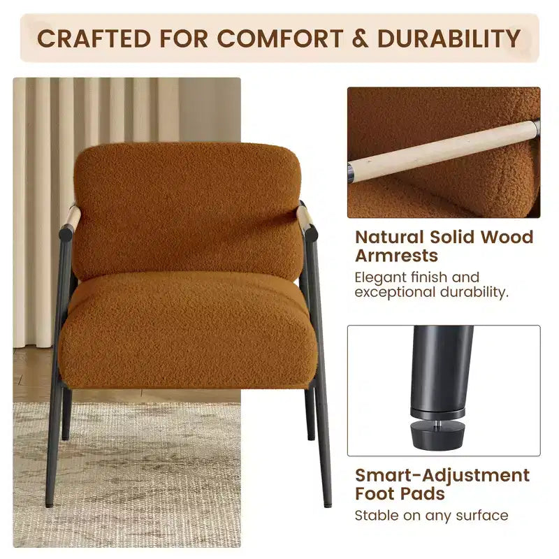 Comfy Chair, Modern Accent Chair with Metal Frame, Cozy Reading Chair with Soft Cushion & Wood Armrest for Bedroom, Living Room, Brown