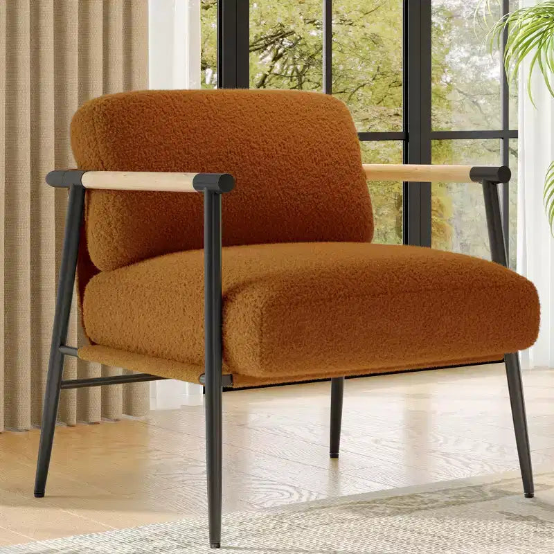 Comfy Chair, Modern Accent Chair with Metal Frame, Cozy Reading Chair with Soft Cushion & Wood Armrest for Bedroom, Living Room, Brown