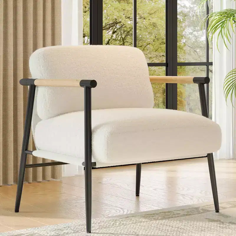 Comfy Chair, Modern Accent Chair with Metal Frame, Cozy Reading Chair with Soft Cushion & Wood Armrest for Bedroom, Living Room, Brown