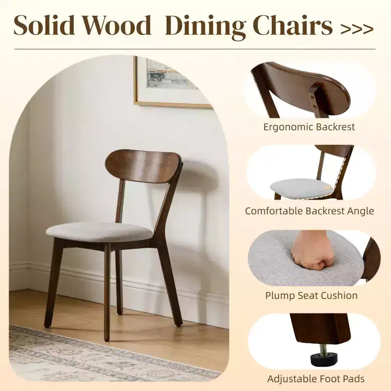 Mid-Century Modern Solid Wood Upholstered Dining Chairs, Set of 2