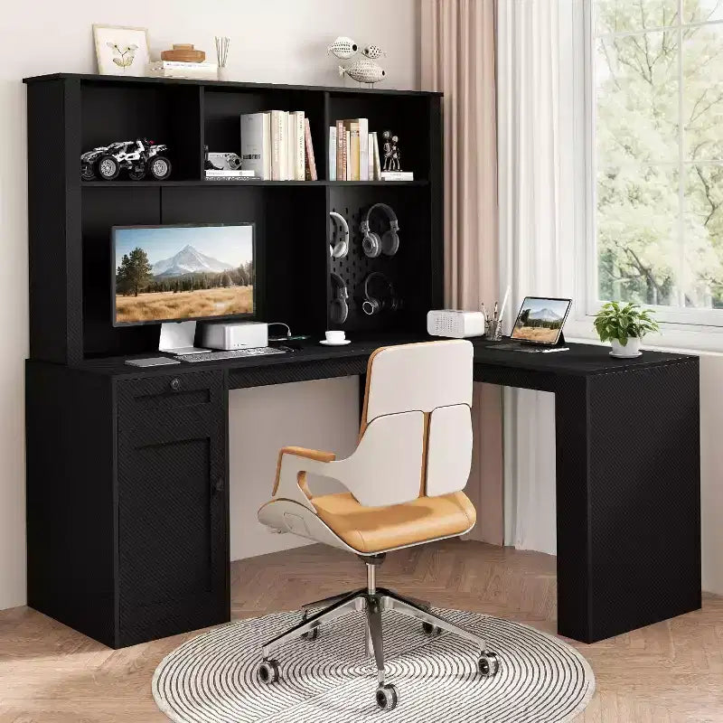 MooxvMoo L Shaped Wooden Desk with LED Lights, Drawers and Bookshelf, Modern Corner Computer Table for Home Office and Gaming, Walnut