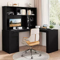 MooxvMoo L Shaped Wooden Desk with LED Lights, Drawers and Bookshelf, Modern Corner Computer Table for Home Office and Gaming, Walnut