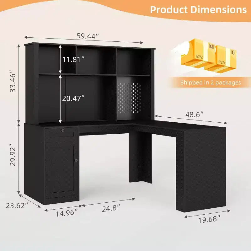 L-Shaped Wooden Desk with LED Lights, Drawers & Bookshelf, Modern Corner Computer Table for Home Office & Gaming, Walnut