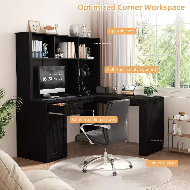 L-Shaped Wooden Desk with LED Lights, Drawers & Bookshelf, Modern Corner Computer Table for Home Office & Gaming, Walnut