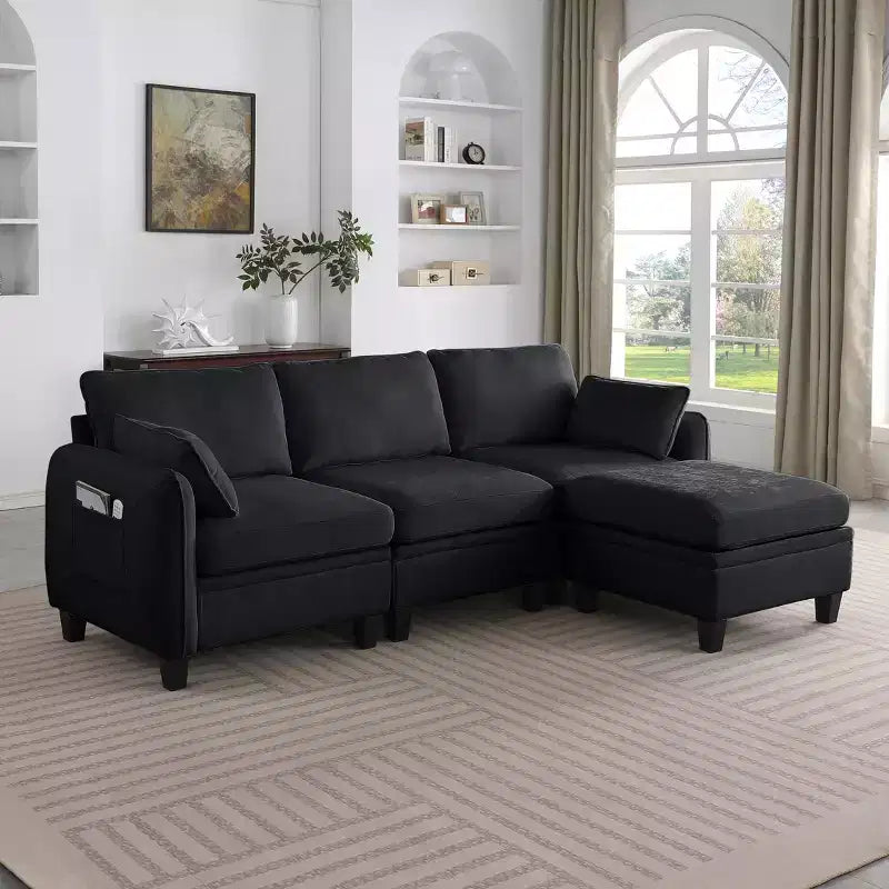 85-Inch Contemporary Chenille L-Shaped Sectional Sofa with Storage Ottoman, 4-Piece Set