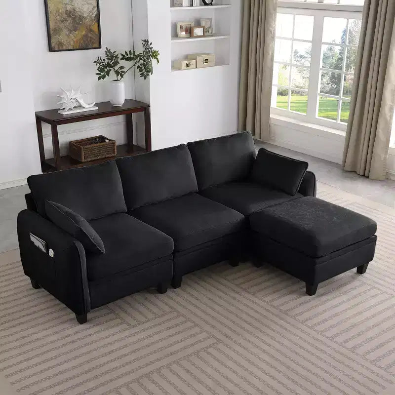 85-Inch Contemporary Chenille L-Shaped Sectional Sofa with Storage Ottoman, 4-Piece Set