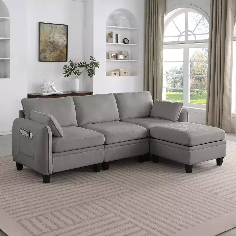 85-Inch Contemporary Chenille L-Shaped Sectional Sofa with Storage Ottoman, 4-Piece Set