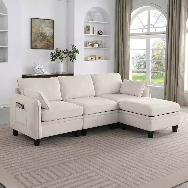 85-Inch Contemporary Chenille L-Shaped Sectional Sofa with Storage Ottoman, 4-Piece Set