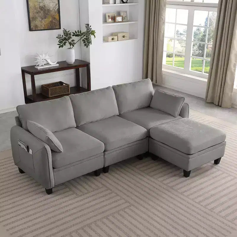 85-Inch Contemporary Chenille L-Shaped Sectional Sofa with Storage Ottoman, 4-Piece Set
