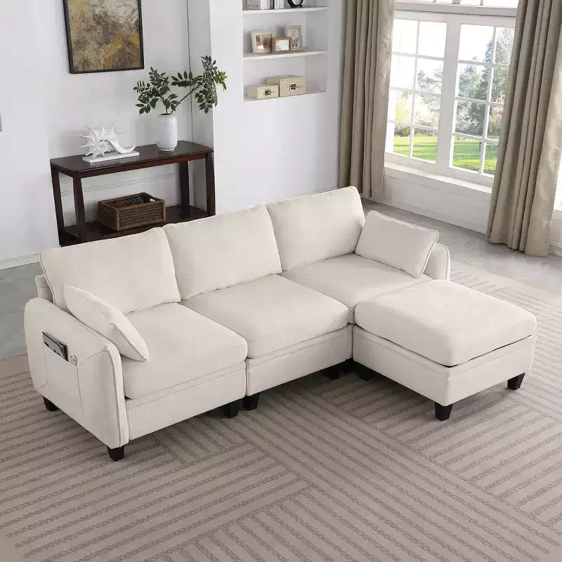 85-Inch Contemporary Chenille L-Shaped Sectional Sofa with Storage Ottoman, 4-Piece Set