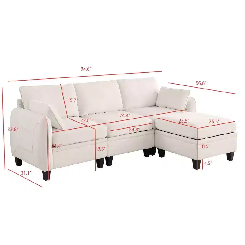 85-Inch Contemporary Chenille L-Shaped Sectional Sofa with Storage Ottoman, 4-Piece Set