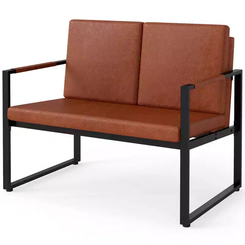 Costway Modern Loveseat Sofa,2-Seater Sofa with Solid Metal Frame & Removable Back Cushions Brown/Gray + Black
