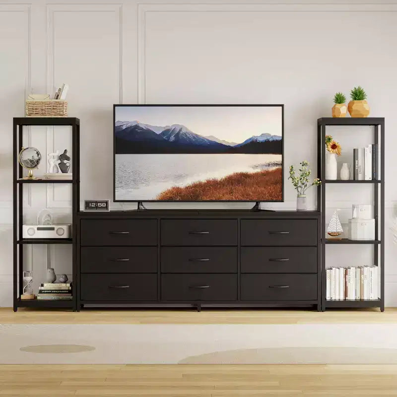 TV Stand for TVs up to 75-inch,Industrial Entertainment Center with 6 Fabric Drawers&Two 4-Tier Storage Shelves,Media Console for Living Room&Bedroom