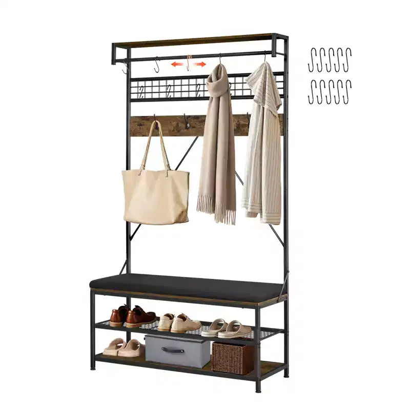 VEVOR Hall Tree, 72 in Coat Rack with Shoe Bench, 2-Tier Freestanding Shoe Rack Storage Organizer with Hooks, Hanging Rod and Wire Shelf,Brown & Black