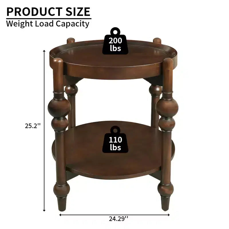 Classic Solid Wood Round Side Table with Lower Shelf, Accent End Table for Living Room or Bedroom