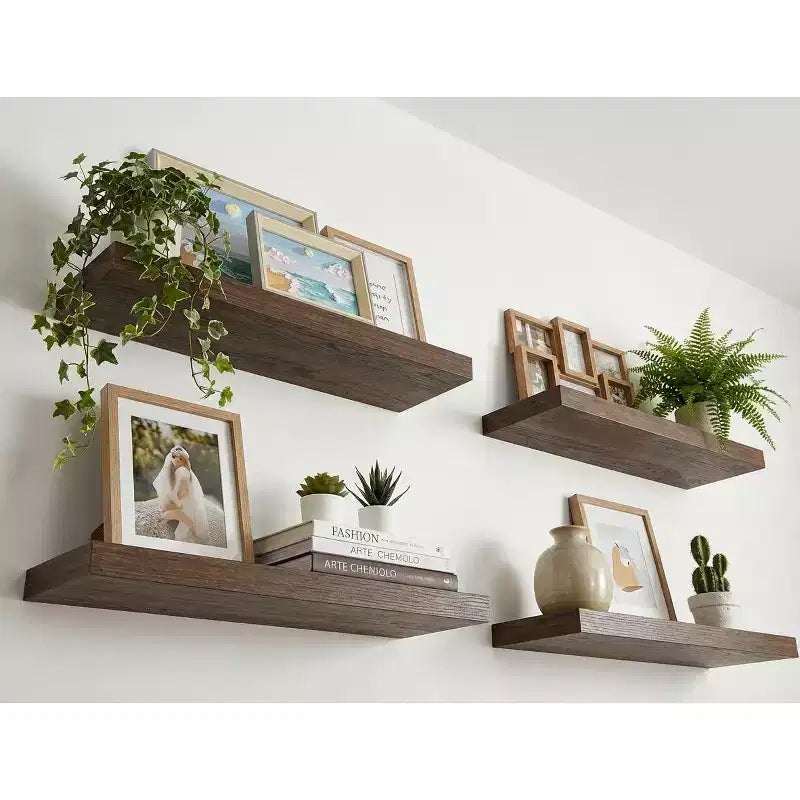 5 Pcs Rustic Brown Floating Wall Shelves, Living Room Kitchen Photo Display Hanging Shelves, Display Shelves for Picture Frames, Wall Decor