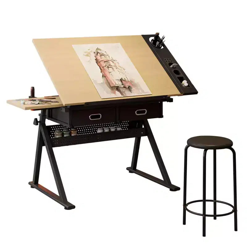 Height Adjustable Drafting Table, 0-75 Tilting Drawing Table Art Desk for Adults, Artist Desk with 2 Storage Drawers, with Stool