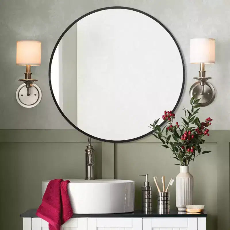 24 Round Wall Mirror Aluminum Frame Wall Mounted Bathroom Mirror HD Shatterproof Distortion-Free Glass Vanity Mirror for Living Room Entryway Bedroom