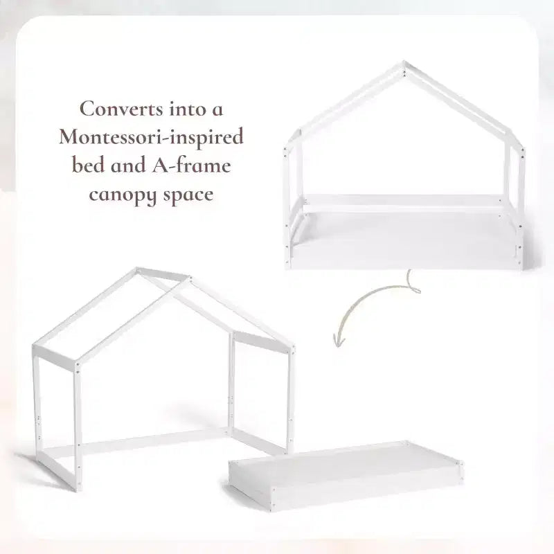 Παιδικό Κρεβάτι Trellis House, Ασφαλές Χαμηλό Κρεβάτι για Παιδιά με Κεφαλάρι σε σχήμα Σπιτιού