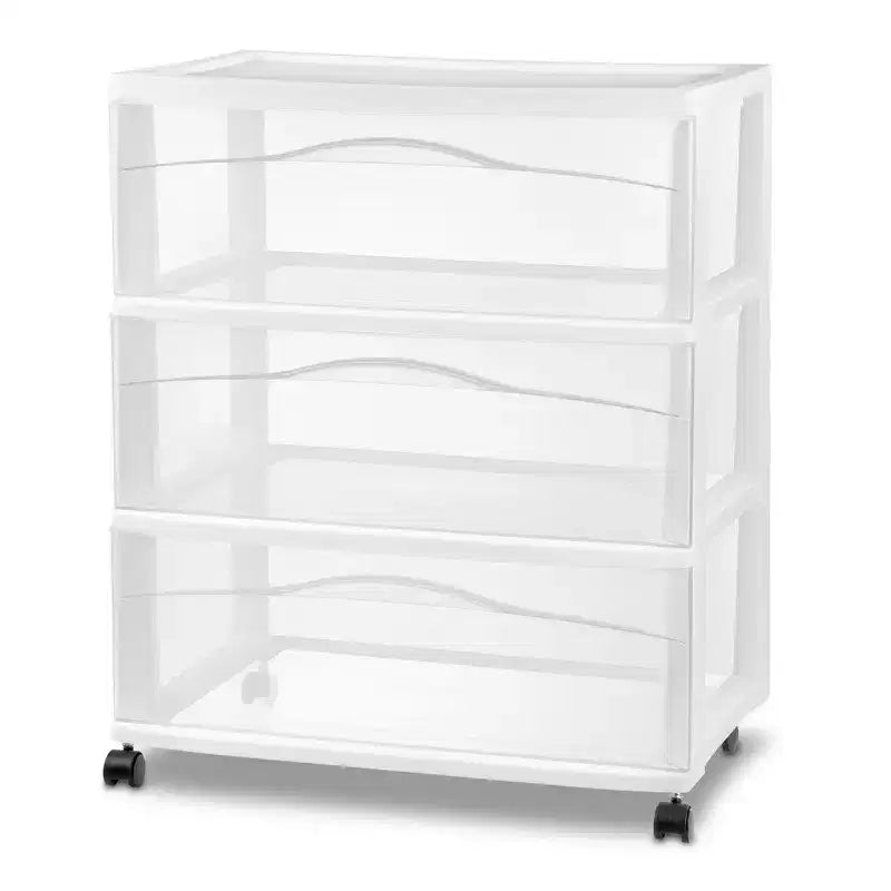 Sterilite Wide 3 Drawer Storage Cart, Plastic Rolling Organizer, White Frame