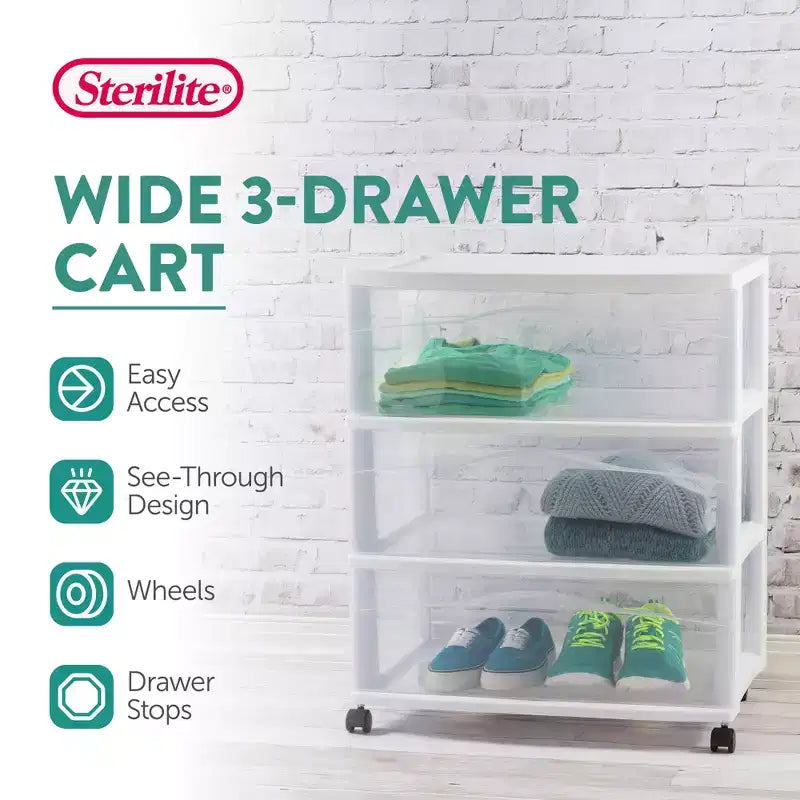 Wide 3-Drawer Plastic Rolling Storage Cart with White Frame, Bedroom & Office Organizer