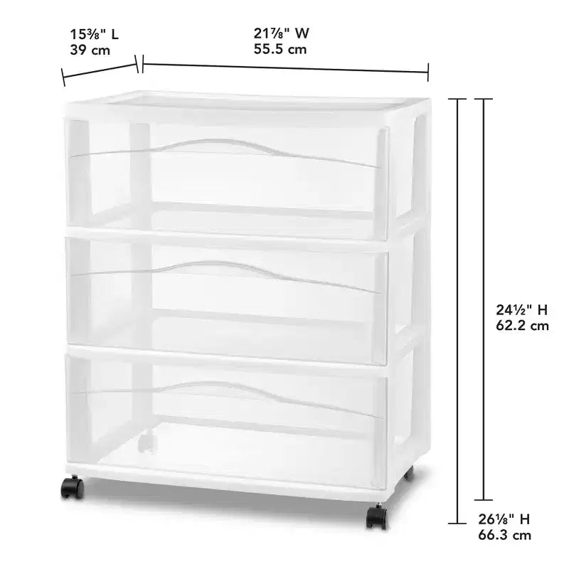 Wide 3-Drawer Plastic Rolling Storage Cart with White Frame, Bedroom & Office Organizer
