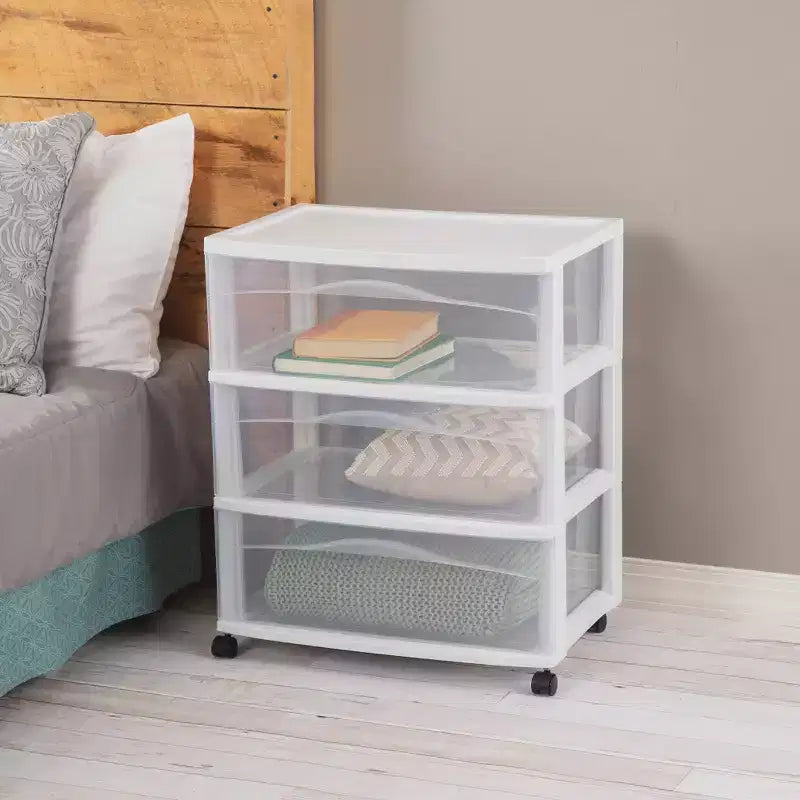 Wide 3-Drawer Plastic Rolling Storage Cart with White Frame, Bedroom & Office Organizer