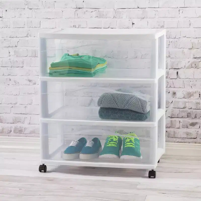 Wide 3-Drawer Plastic Rolling Storage Cart with White Frame, Bedroom & Office Organizer
