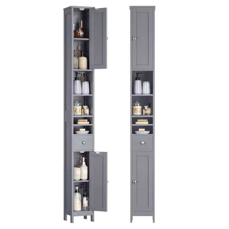 VASAGLE Tall Bathroom Cabinet, Slim Freestanding Bathroom Storage Cabinet with Adjustable Shelves, Drawer, Open Compartments, Dove Gray