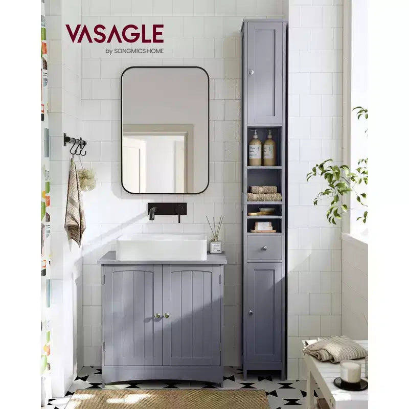 Tall Slim Freestanding Bathroom Storage Cabinet with Adjustable Shelves, Drawer & Open Compartments, Dove Gray
