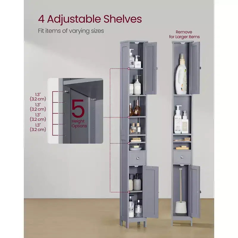 Tall Slim Freestanding Bathroom Storage Cabinet with Adjustable Shelves, Drawer & Open Compartments, Dove Gray
