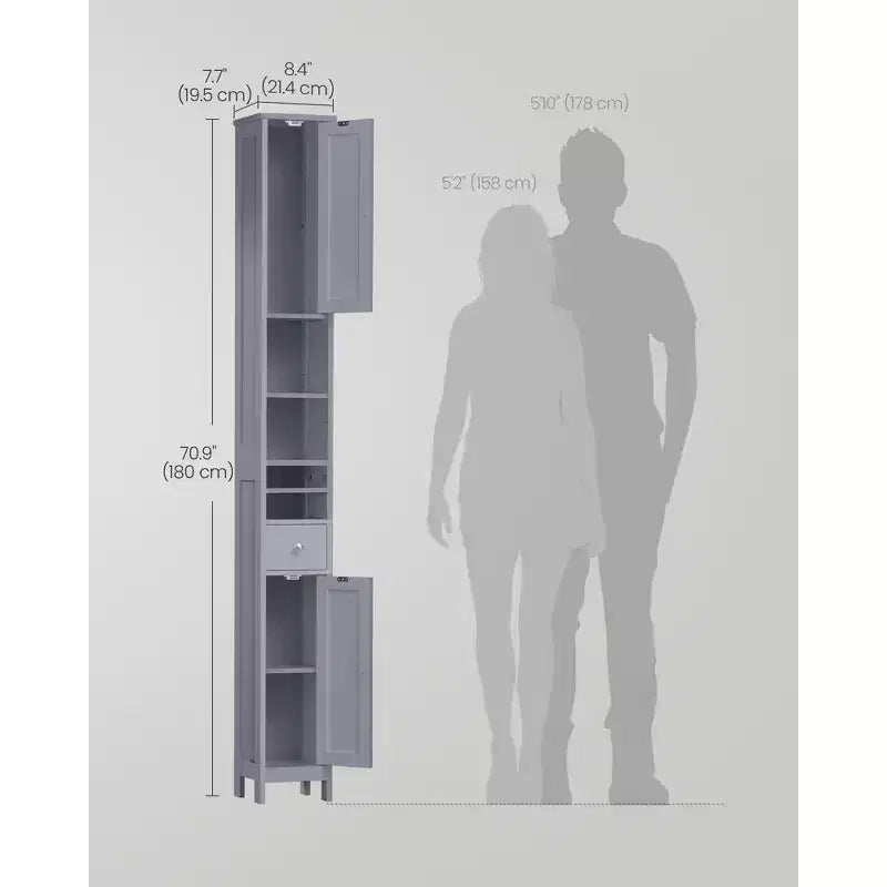 Tall Slim Freestanding Bathroom Storage Cabinet with Adjustable Shelves, Drawer & Open Compartments, Dove Gray