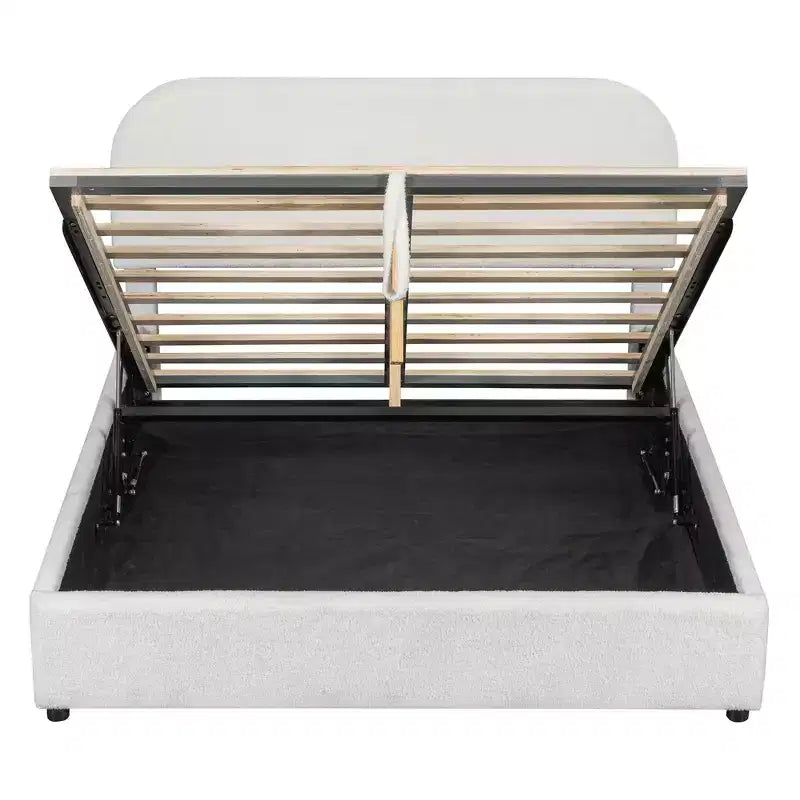 Queen Size Upholstered Bed with Lift-Up Storage - White
