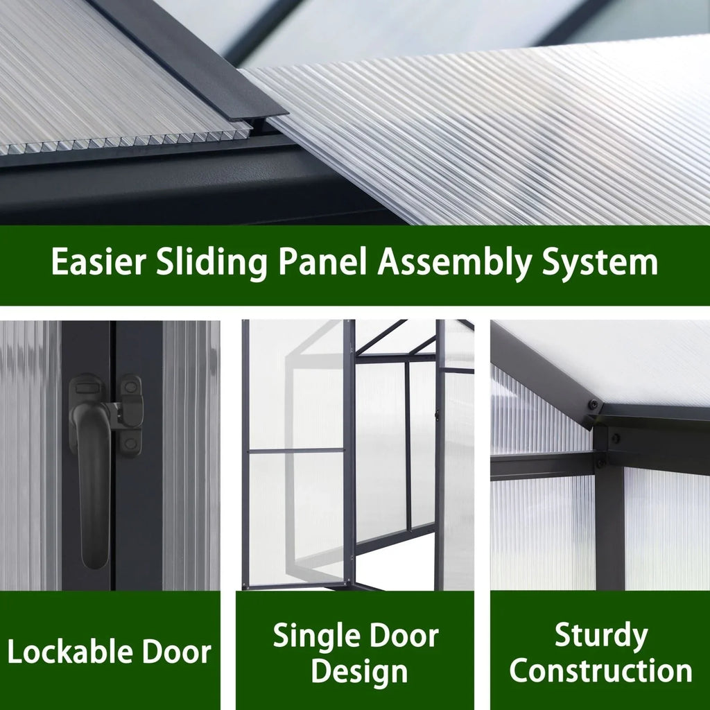 VEIKOUS Aluminum Walk-In Garden Greenhouse Kit with Adjustable Roof Vent and Lockable Door Grey