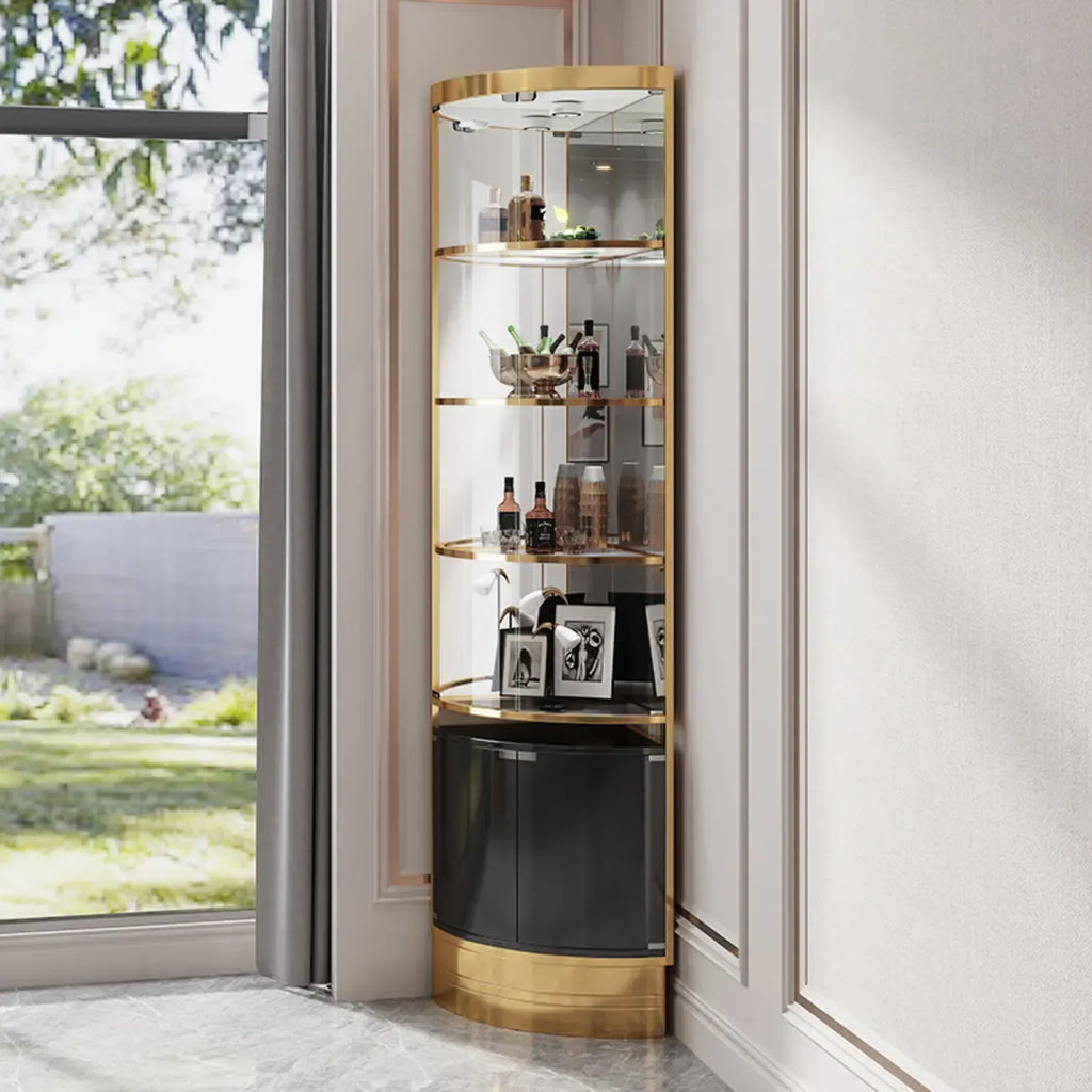 Multiple Levels Glass and Metal Shelf Storage Display Corner Wine Cabinet